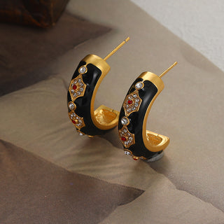 Rhinestone Crescent Enamel Earrings