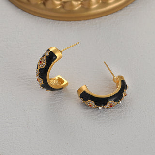 Rhinestone Crescent Enamel Earrings