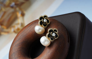 Black Camellia Pearl Earrings