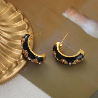 Rhinestone Crescent Enamel Earrings